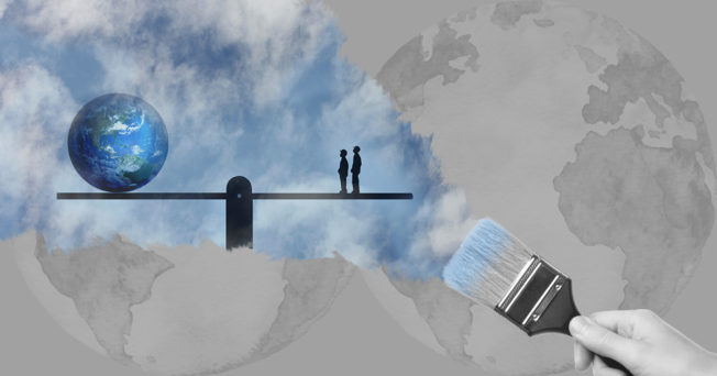 Illustration of hand painting an image of a world surrounded by blue skies and in front of two people.