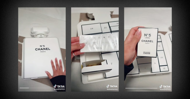 Screenshots of TikTok video showing hand opening Chanel Advent calendar.