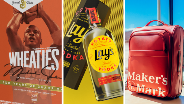 mashup of images: wheaties box on left, lay's vodka in center, suitcase on right with maker's mark on it