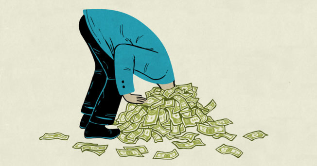 Illustration of an individual with his head buried in a pile of money.