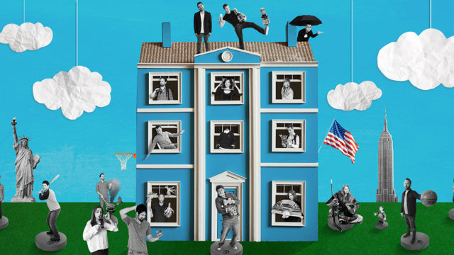 An illustration shows a house with cutouts of Rethink employees in the windows, on the roof and in the yard