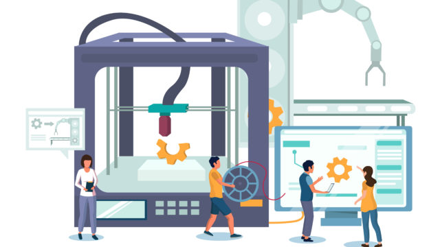 illustration of people in front of a big machine with gears