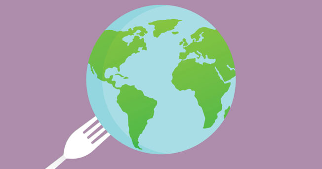 Illustration of earth on a fork on a purple background.