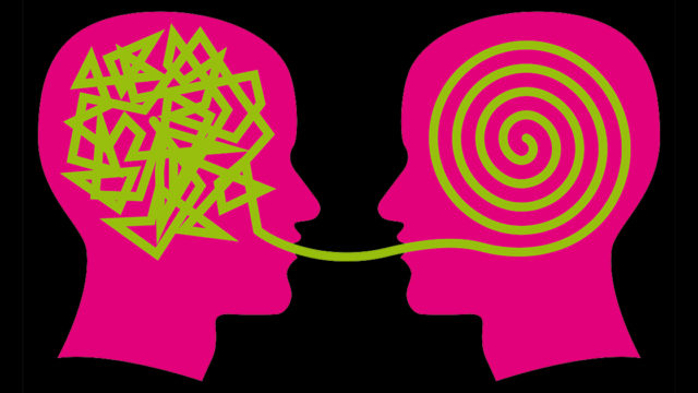 illustration of two faces facing each other and squiggly lines connected through their mouths into the heads