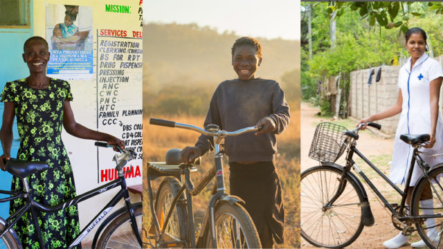 three images of children in africa standing next to bikes and smiling