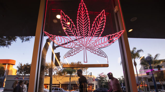 A sign displays a red cannabis leaf in a storefront window