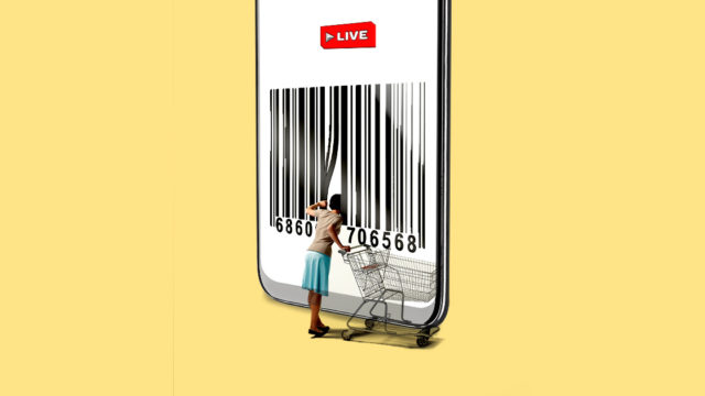 a woman looking behind the panels of a barcode