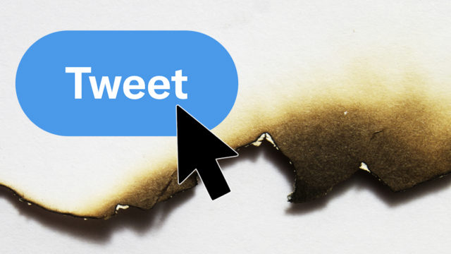 a tweet button appears over a burning paper background