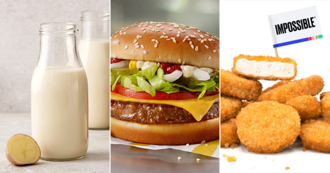 A pitcher of potato milk is shown next to a McPlant burger and Impossible brand faux chicken nuggets