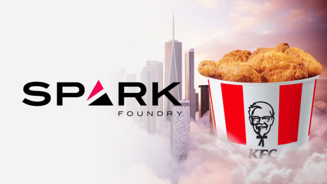 The Spark Foundry logo appears next to a bucket of KFC chicken.