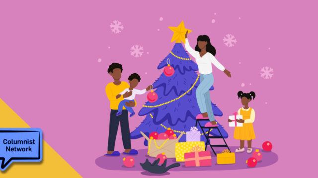 Illustration of a family decorating a Christmas tree